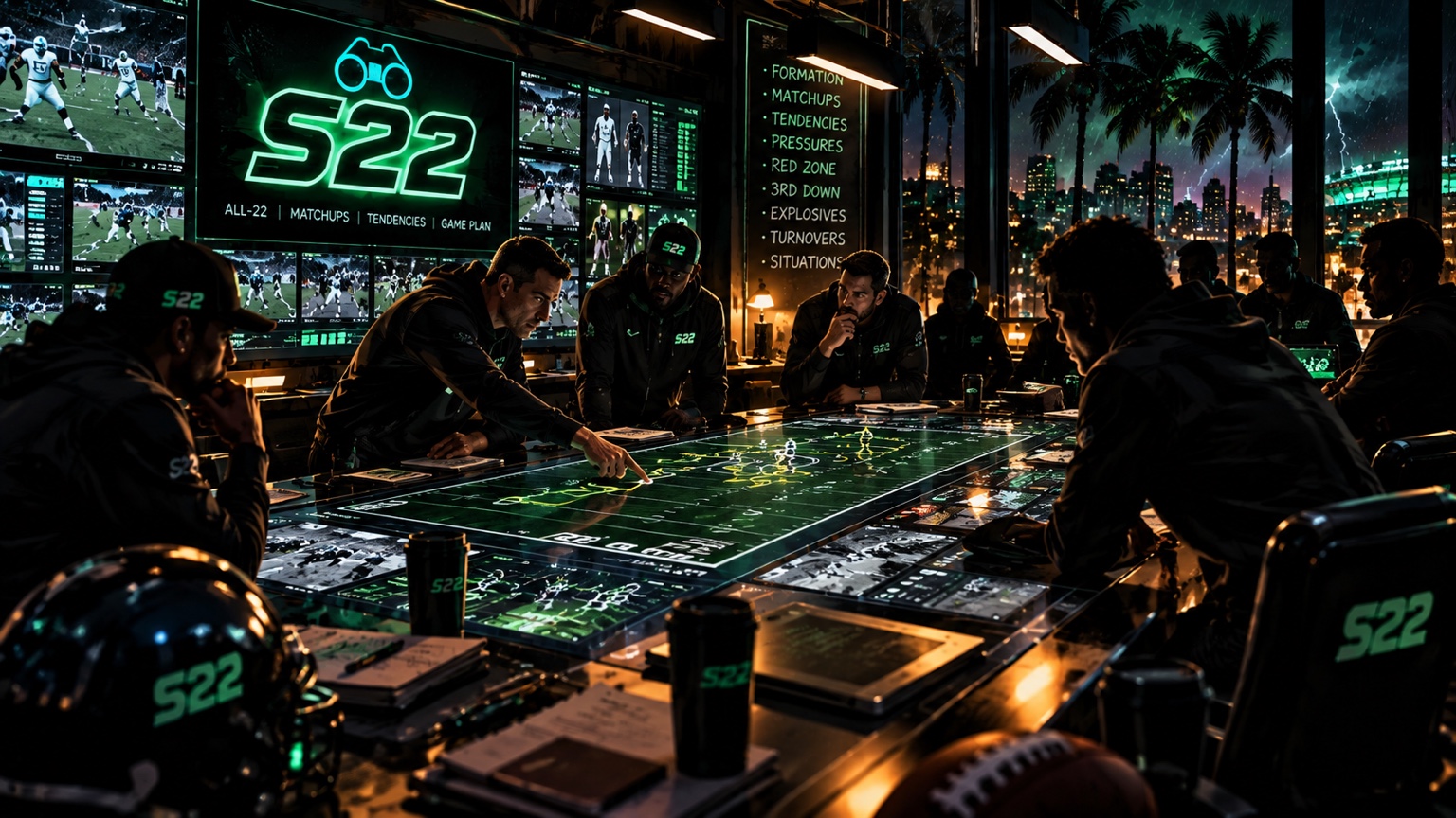 Scout22 analysts gathered around a long interactive football command-center table in the S22 war room